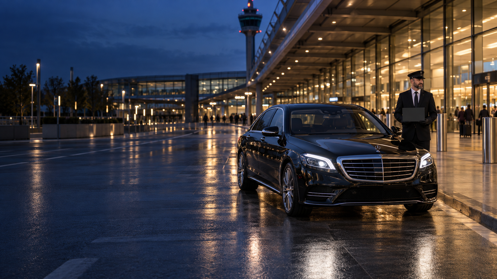 A chauffeur beside an executive car outside an airport terminal